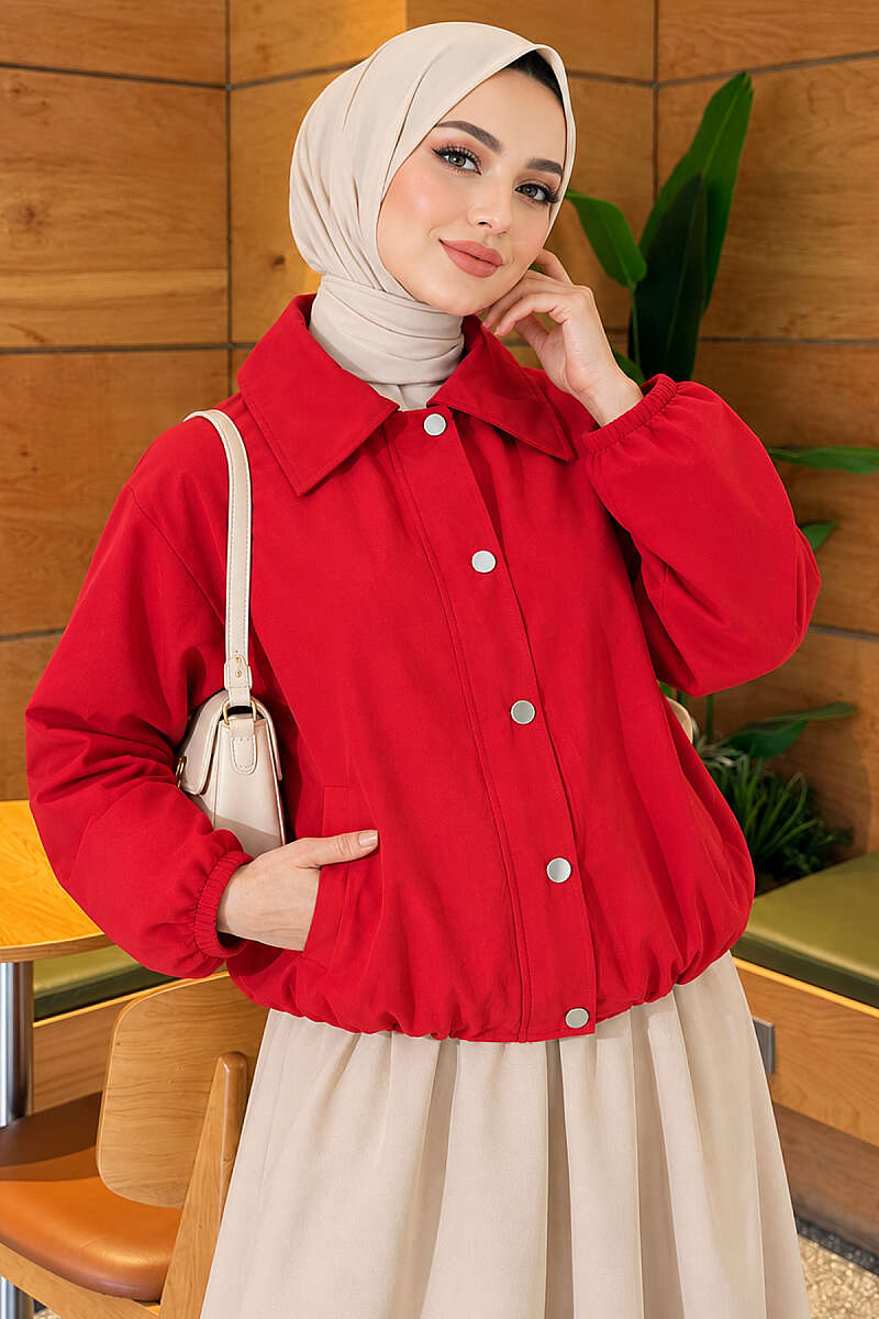 Short Zip-Up Jacket with Snap Buttons - Red