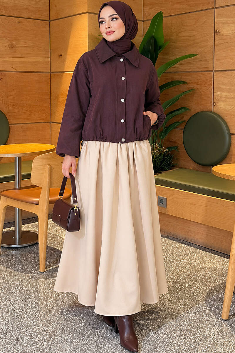 Short Zip-Up Jacket with Snap Buttons - Plum