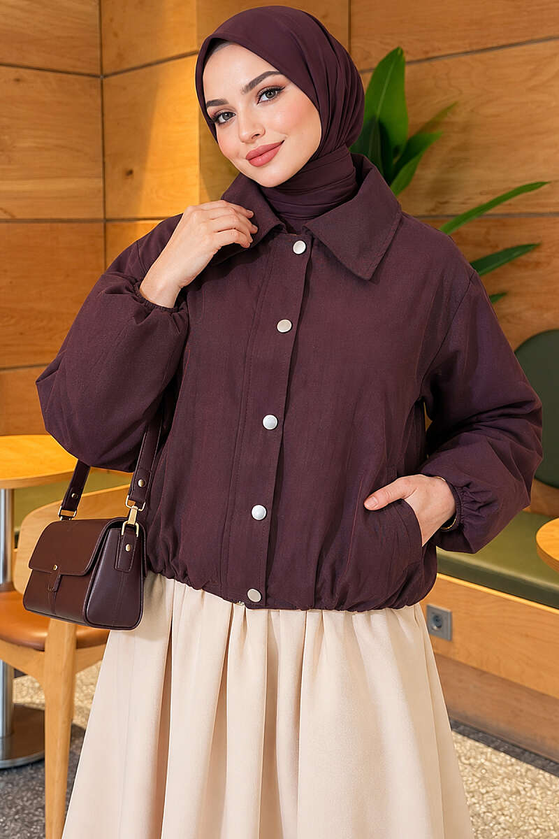 Short Zip-Up Jacket with Snap Buttons - Plum