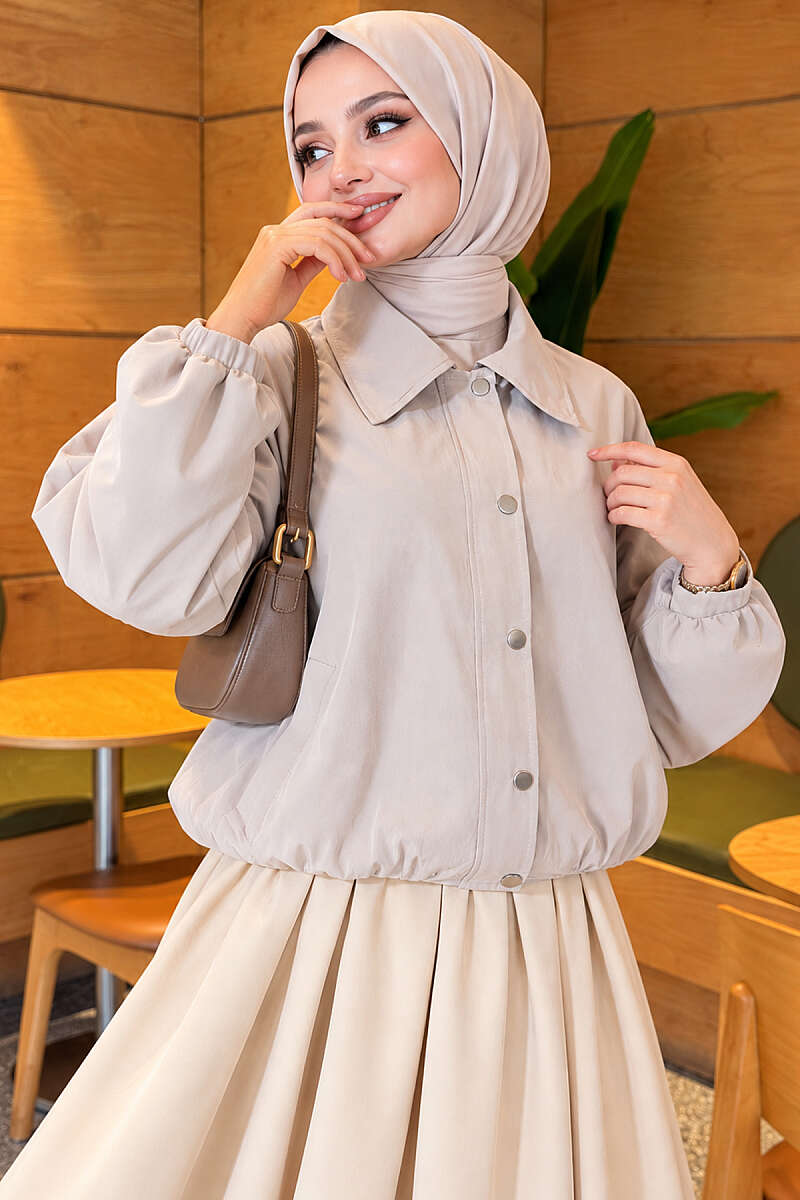 Short Zip-Up Jacket with Snap Buttons - Stone