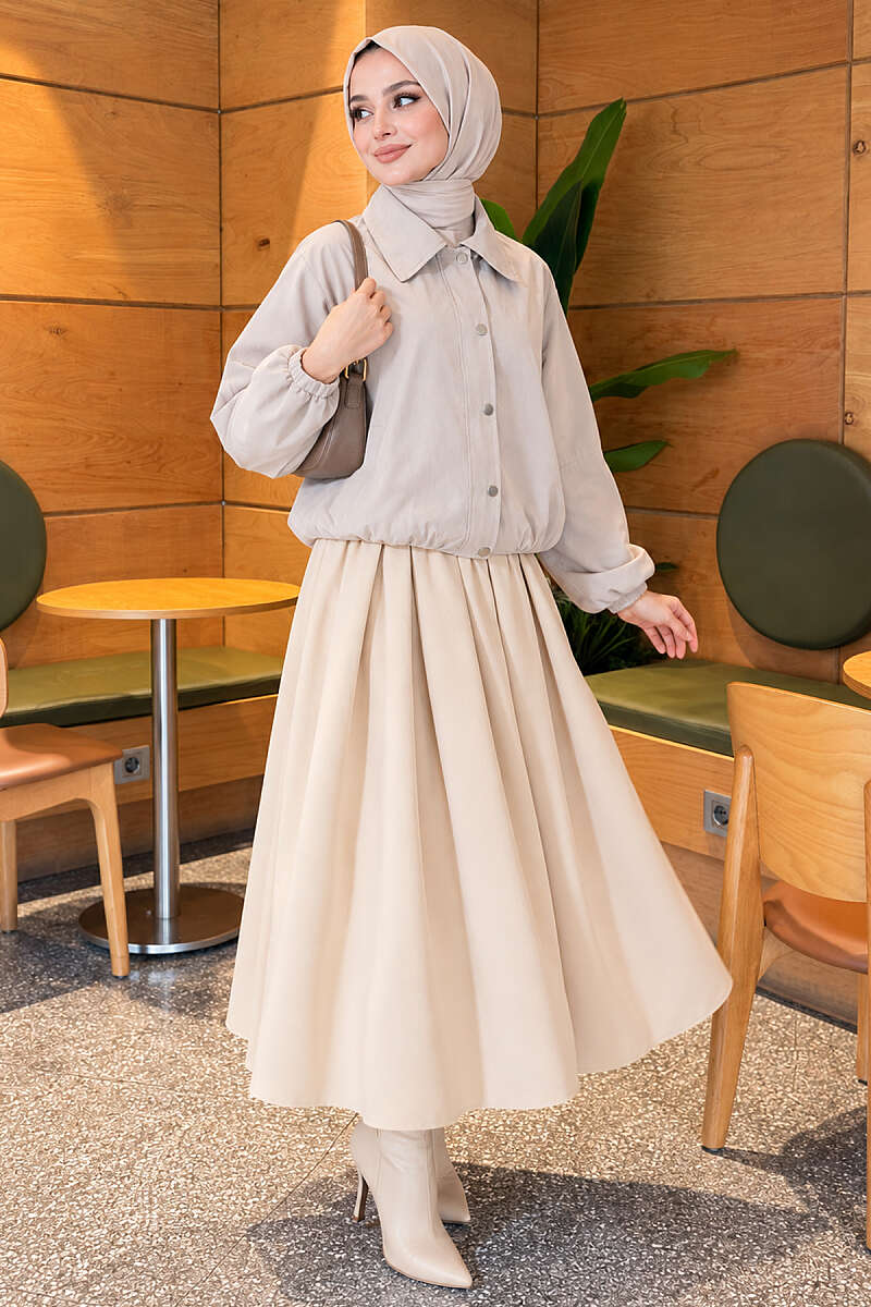 Short Zip-Up Jacket with Snap Buttons - Stone