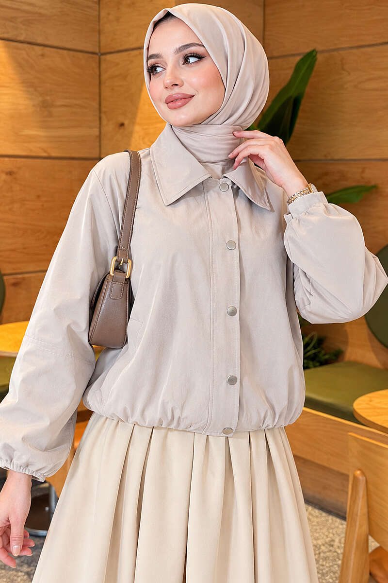 Short Zip-Up Jacket with Snap Buttons - Stone