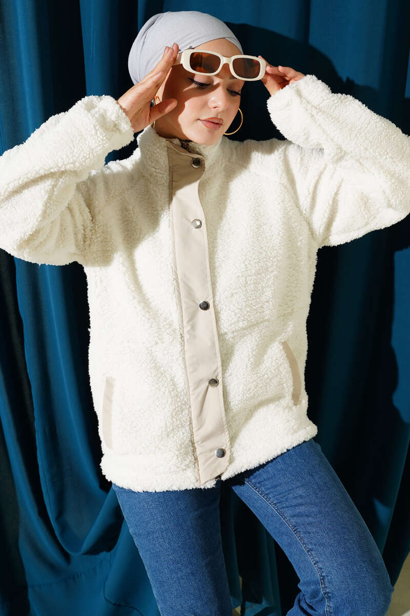 Plush Zip Jacket with Snap Buttons - Ecru