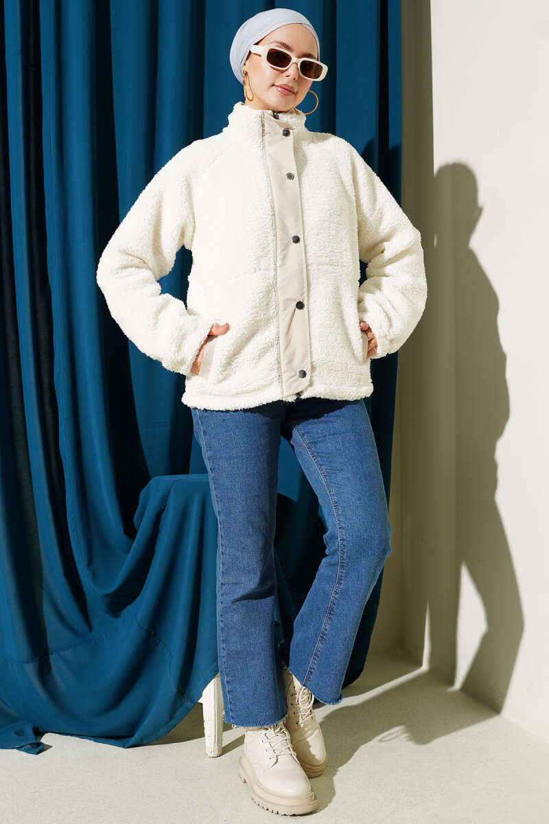 Plush Zip Jacket with Snap Buttons - Ecru