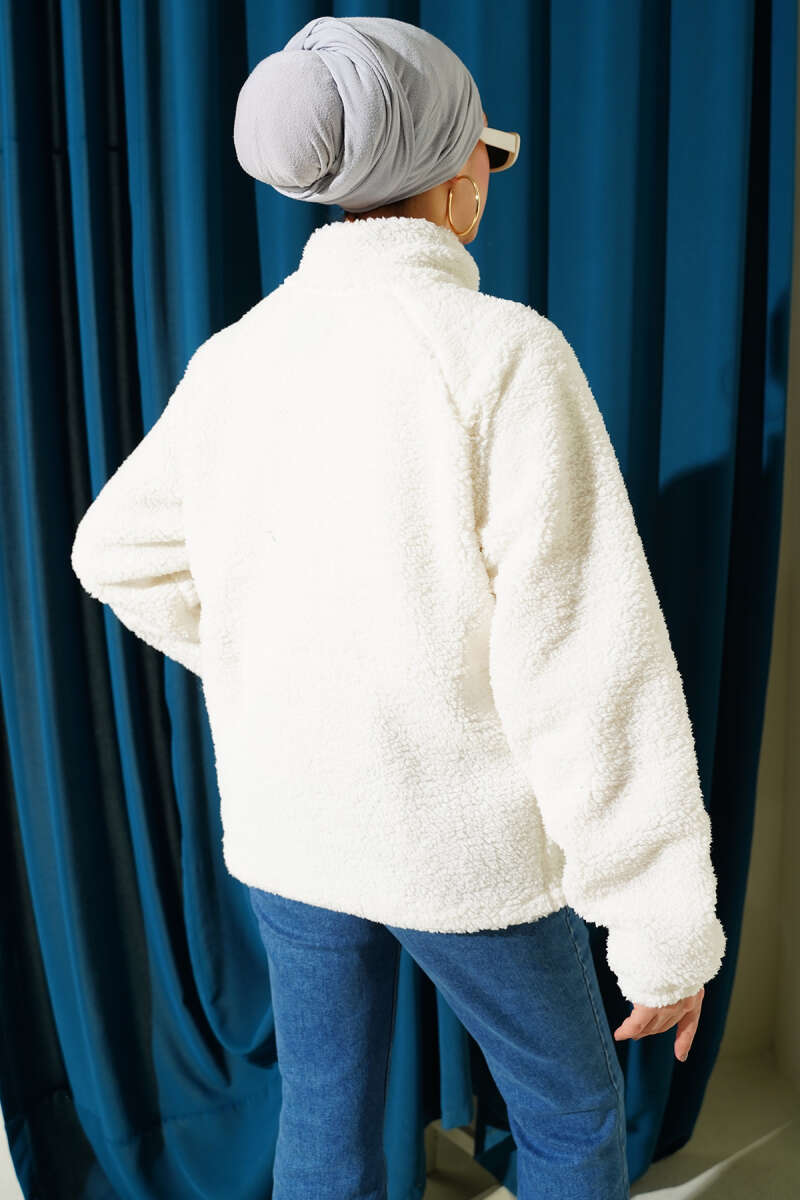 Plush Zip Jacket with Snap Buttons - Ecru