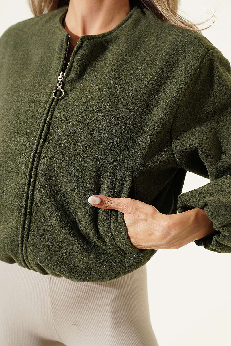 Felt Jacket with Zip Detail - Khaki