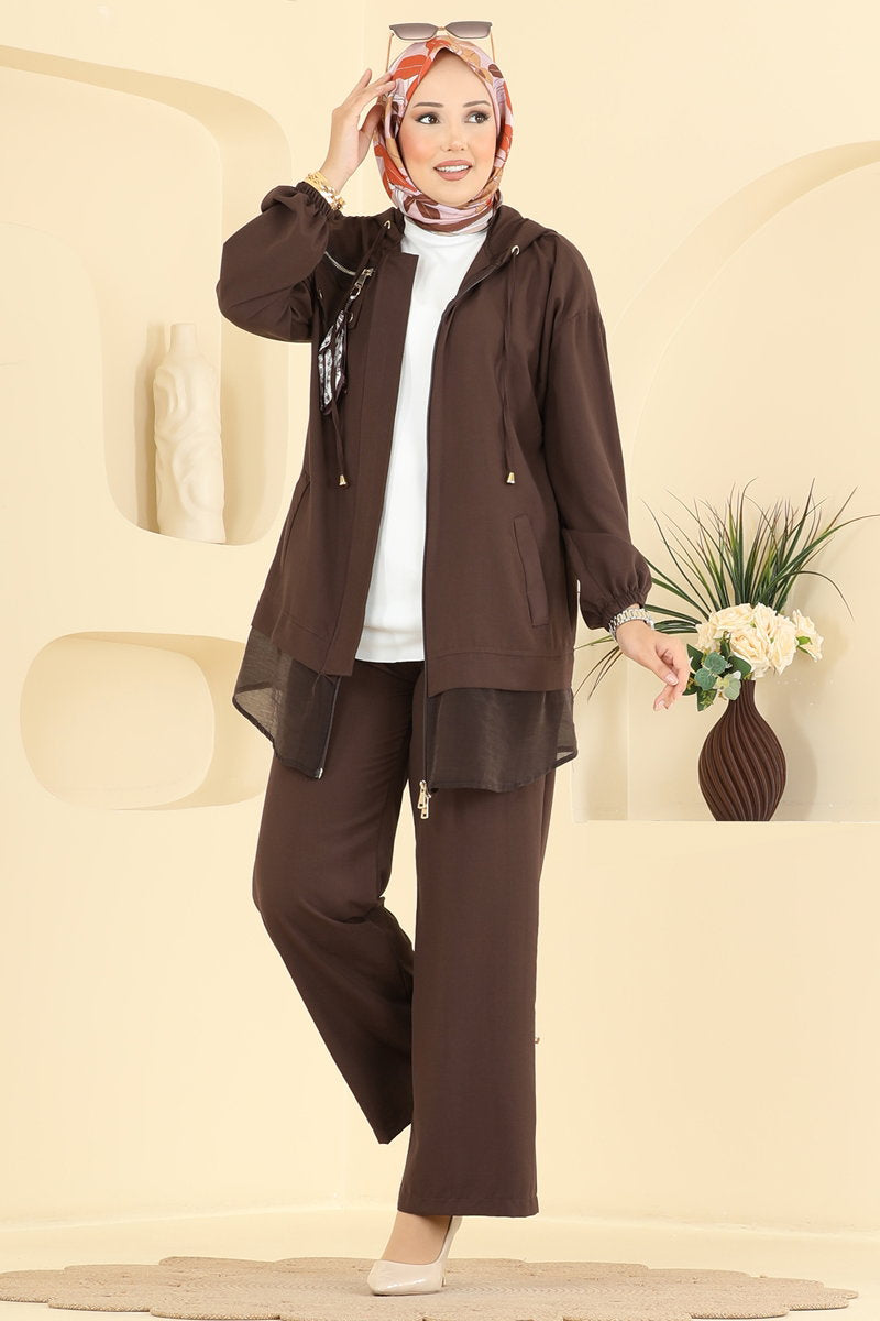 Zip Two-Piece Set with Scarf - Brown