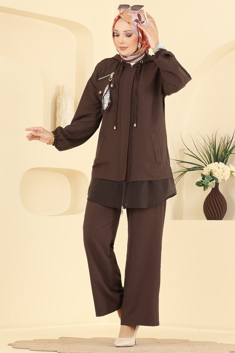 Zip Two-Piece Set with Scarf - Brown