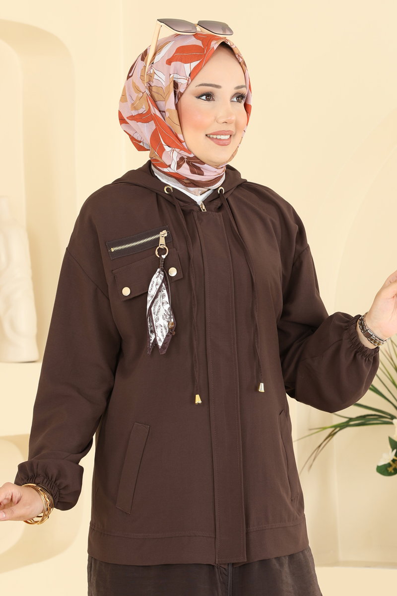 Zip Two-Piece Set with Scarf - Brown