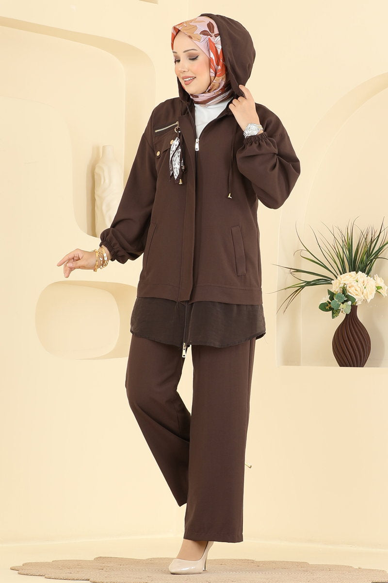 Zip Two-Piece Set with Scarf - Brown