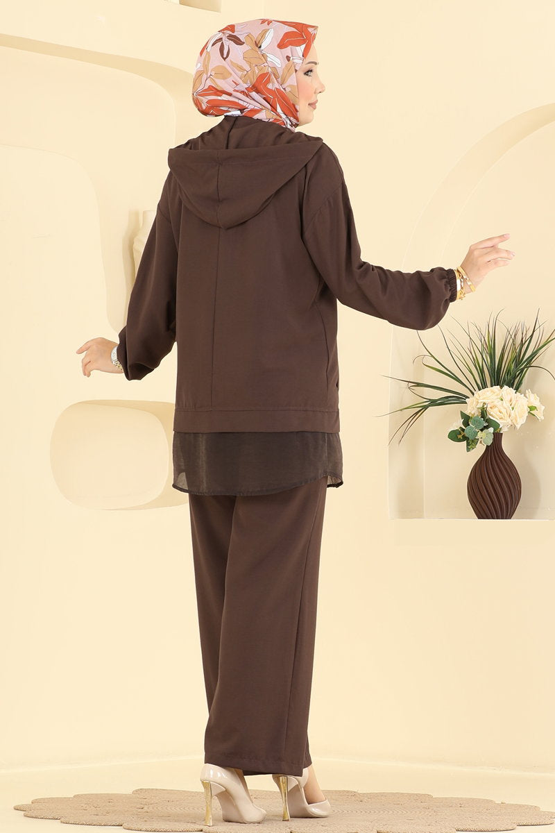 Zip Two-Piece Set with Scarf - Brown
