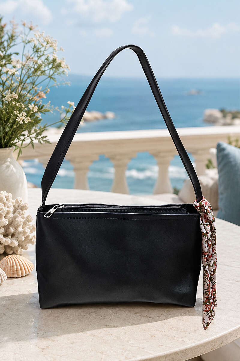 Zip Shoulder Bag with Scarf - Black