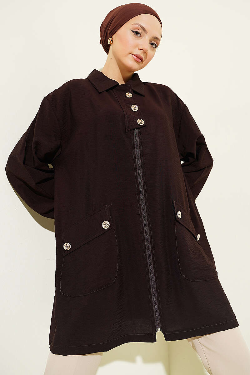 Zip-Up Cape Coat with Shirt Collar - Dark Brown