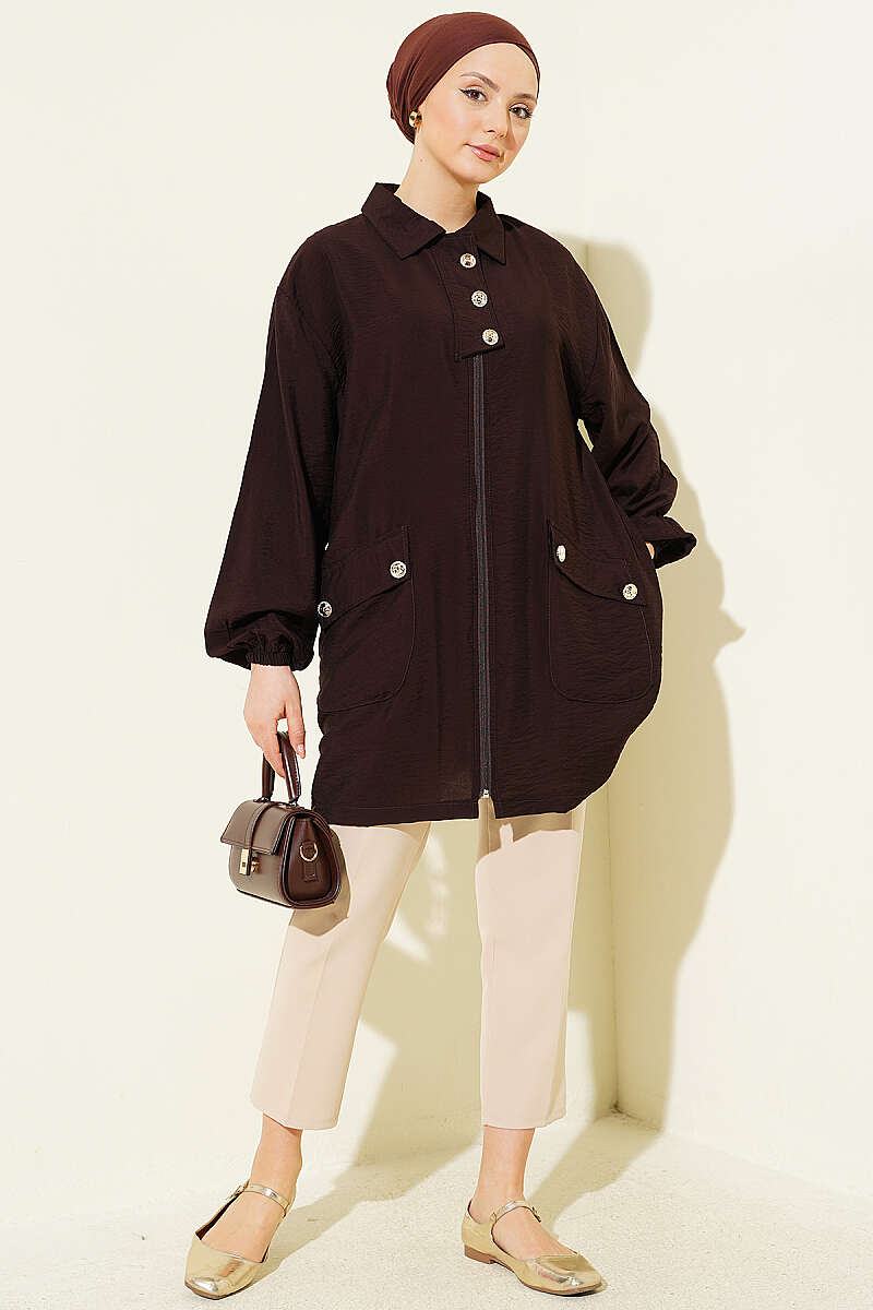 Zip-Up Cape Coat with Shirt Collar - Dark Brown
