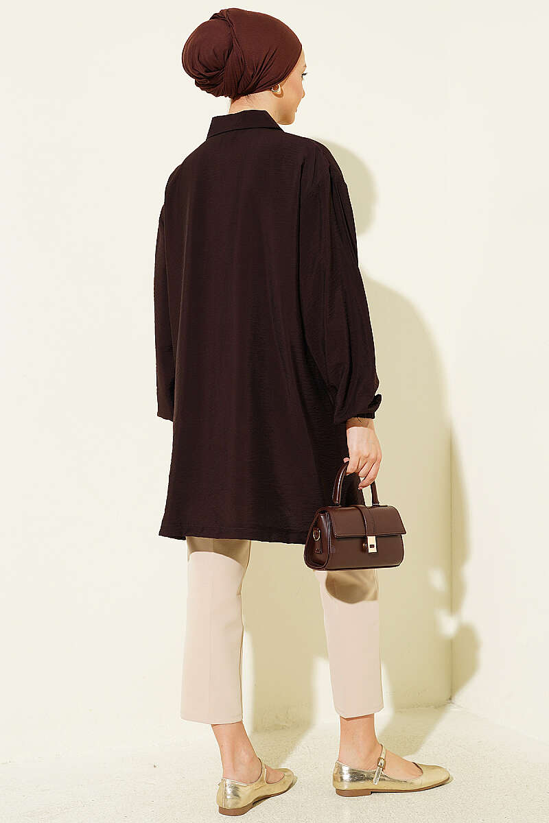 Zip-Up Cape Coat with Shirt Collar - Dark Brown