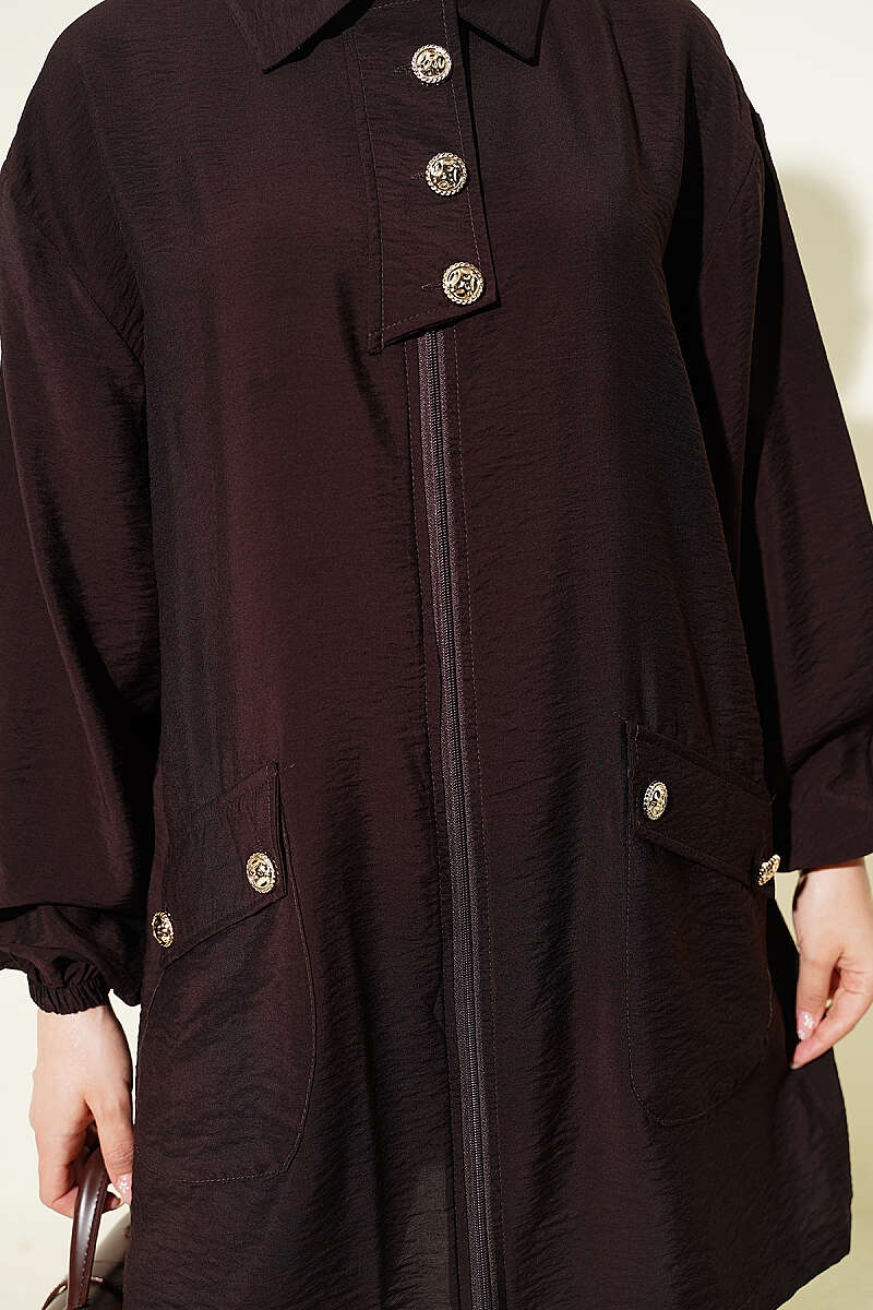 Zip-Up Cape Coat with Shirt Collar - Dark Brown