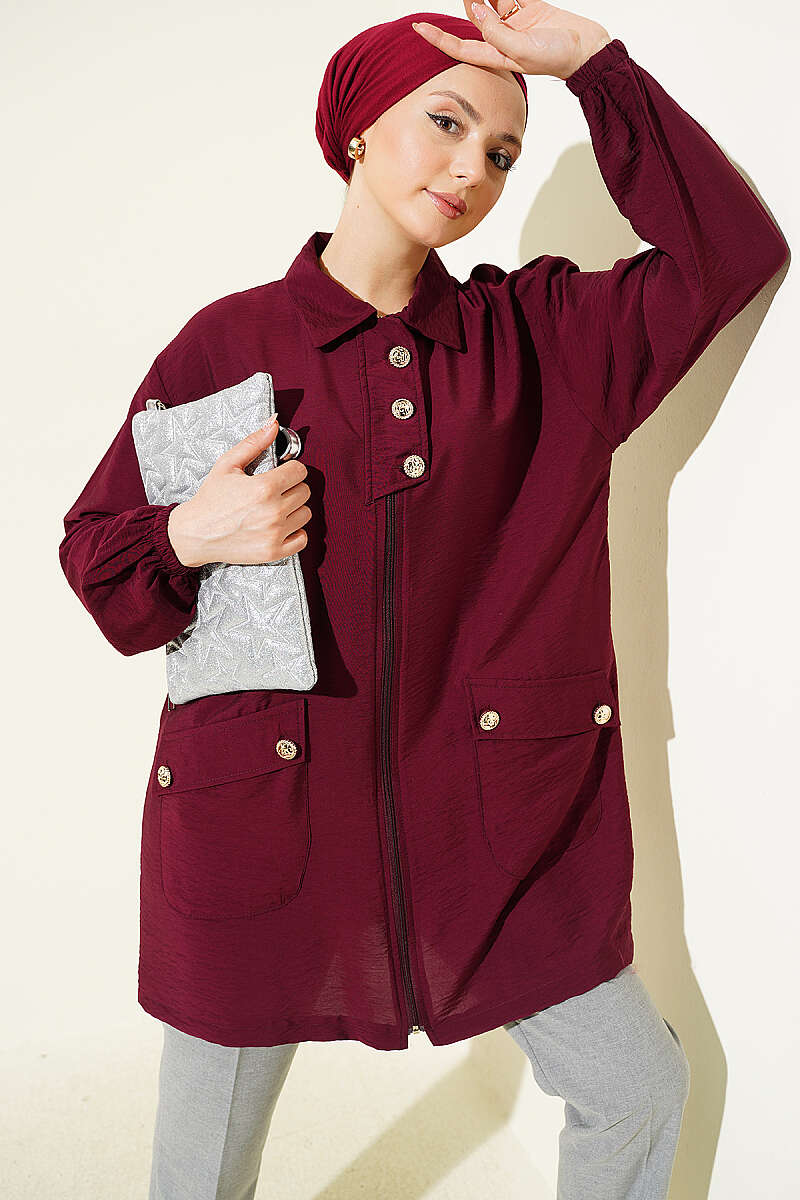 Zip-Up Cape Coat with Shirt Collar - Burgundy