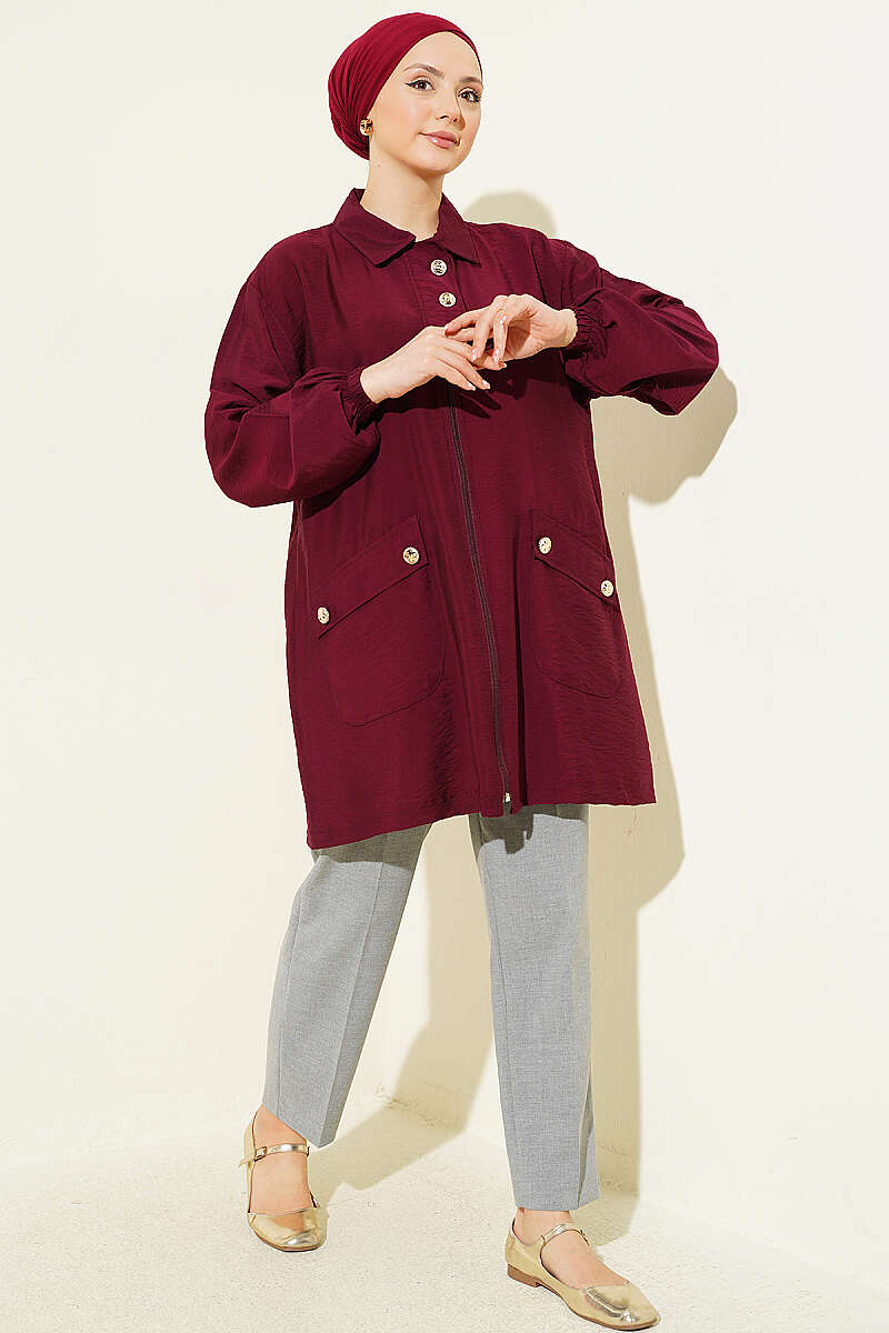 Zip-Up Cape Coat with Shirt Collar - Burgundy
