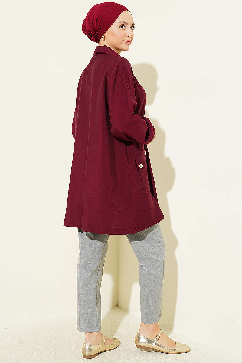 Zip-Up Cape Coat with Shirt Collar - Burgundy