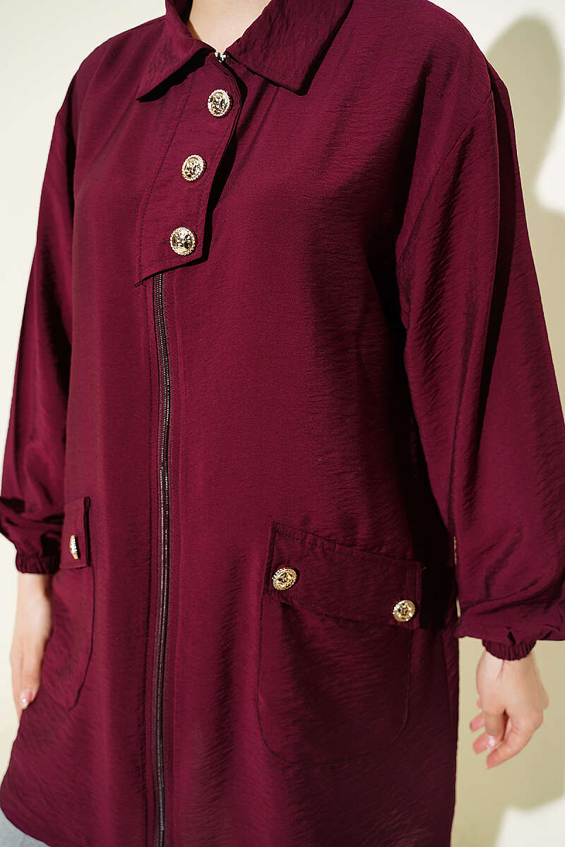 Zip-Up Cape Coat with Shirt Collar - Burgundy