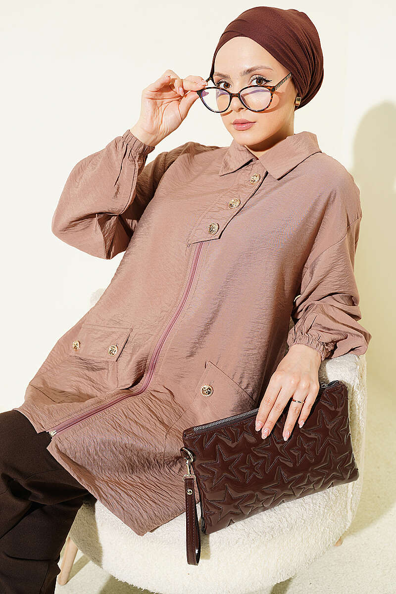 Zip-Up Cape Coat with Shirt Collar - Latte