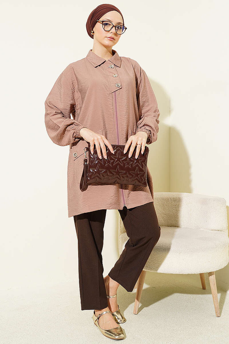 Zip-Up Cape Coat with Shirt Collar - Latte