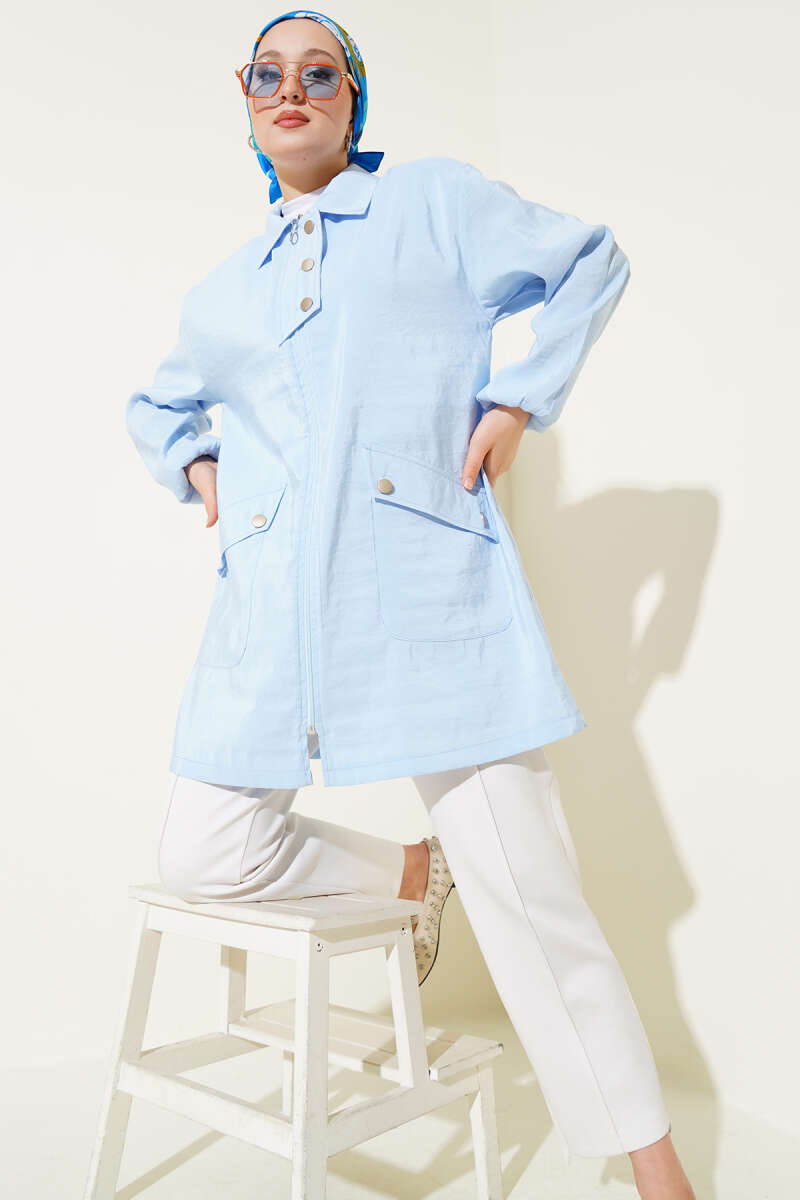Zip-Up Cape Coat with Shirt Collar - Blue