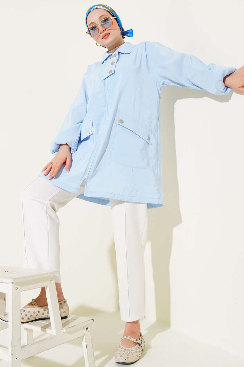 Zip-Up Cape Coat with Shirt Collar - Blue
