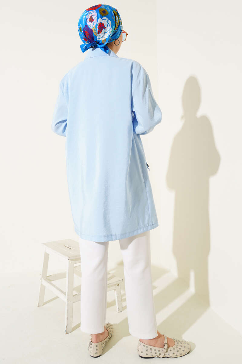 Zip-Up Cape Coat with Shirt Collar - Blue