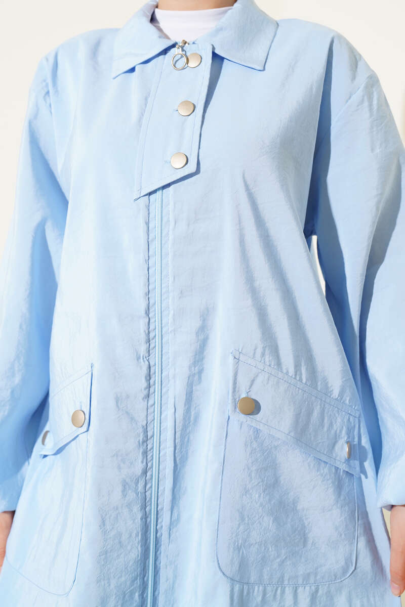 Zip-Up Cape Coat with Shirt Collar - Blue