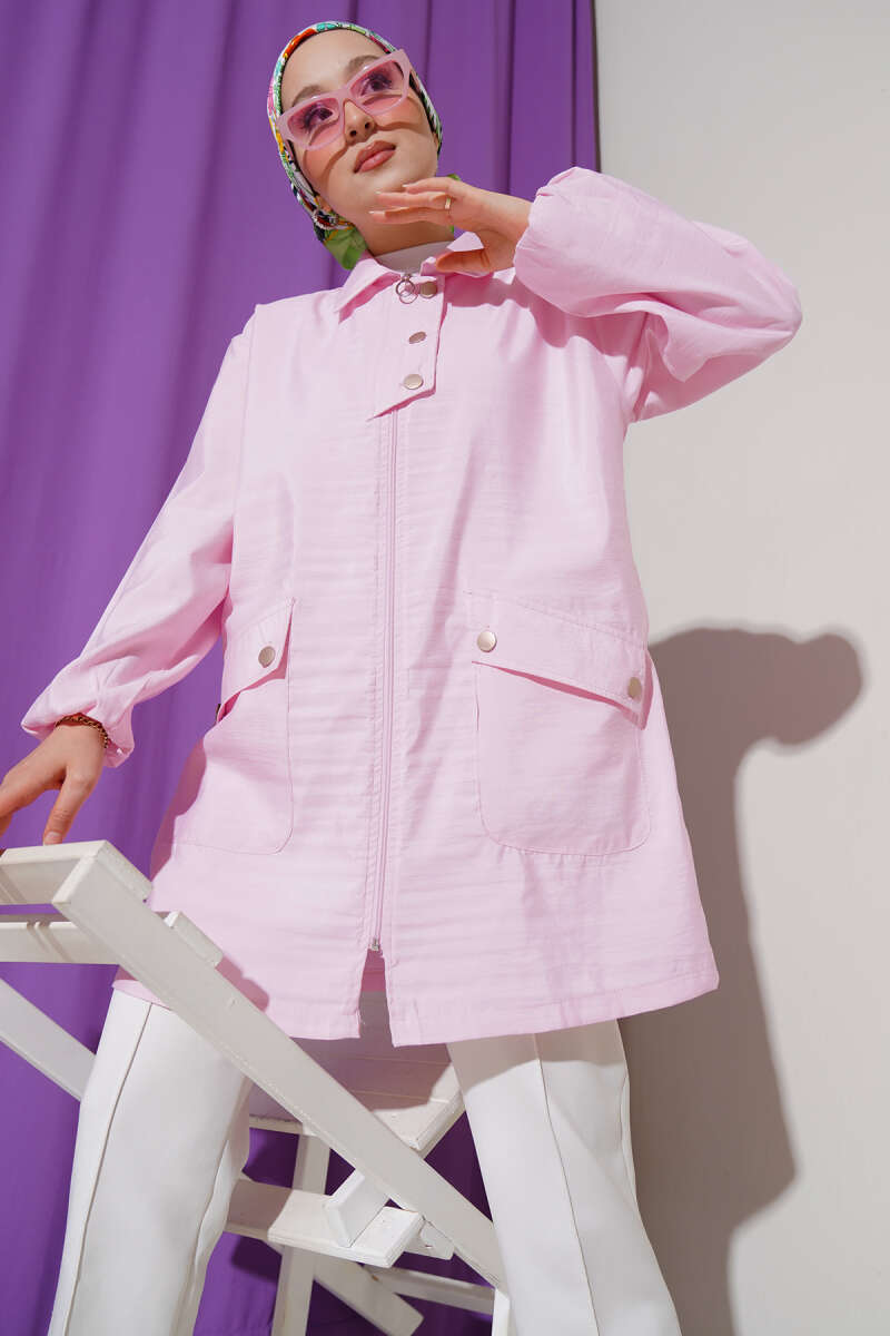 Zip-Up Cape Coat with Shirt Collar - Pink