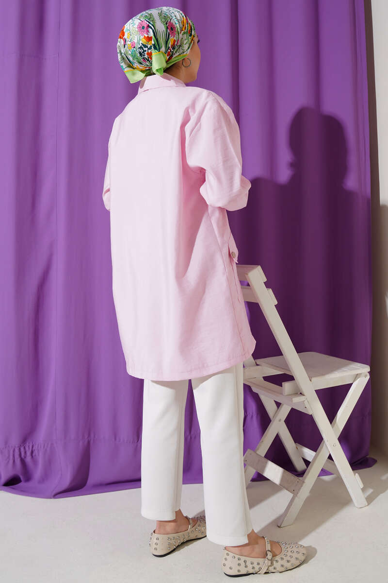 Zip-Up Cape Coat with Shirt Collar - Pink