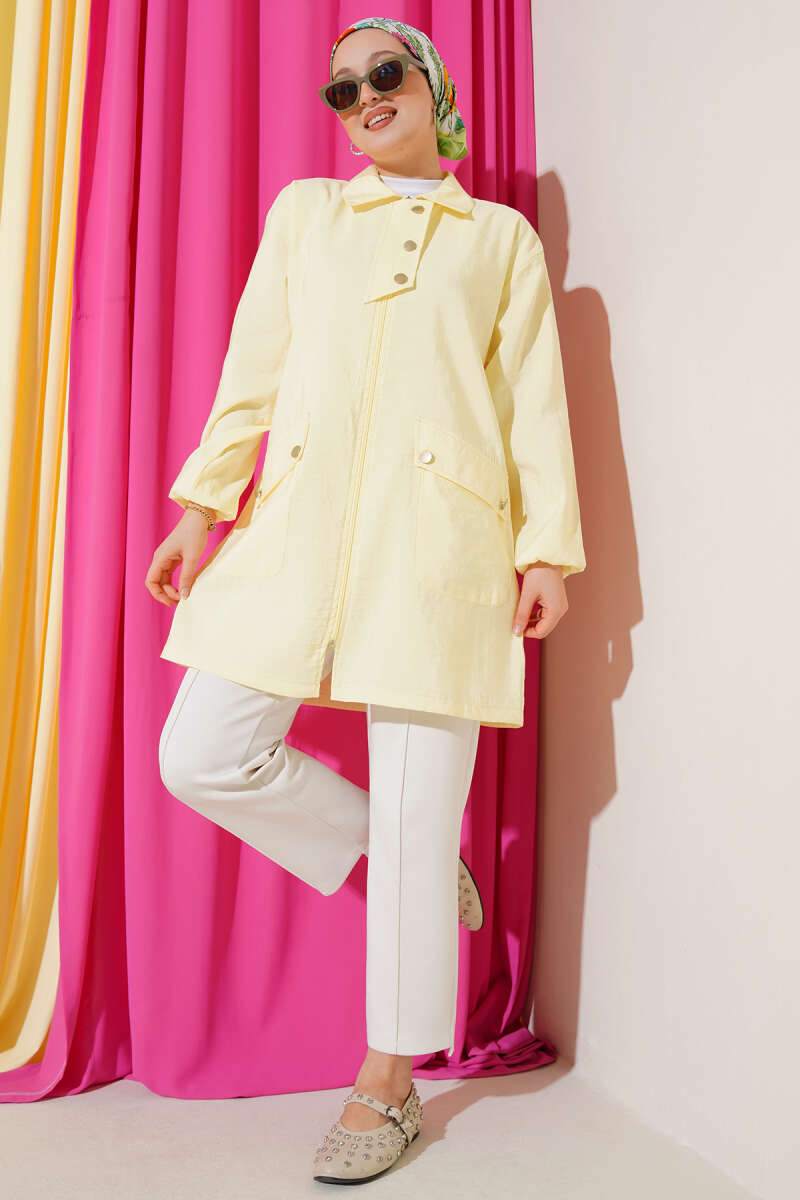 Zip-Up Cape Coat with Shirt Collar - Yellow