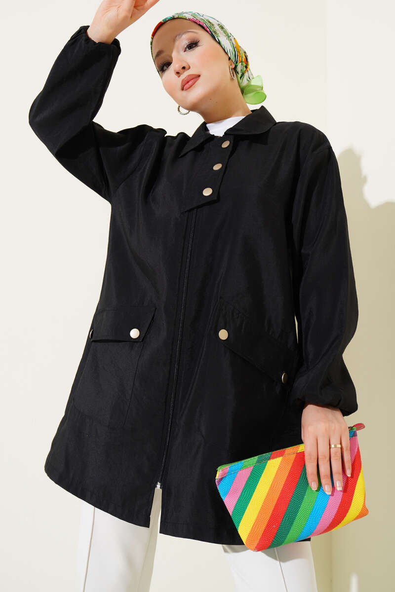Zip-Up Cape Coat with Shirt Collar - Black