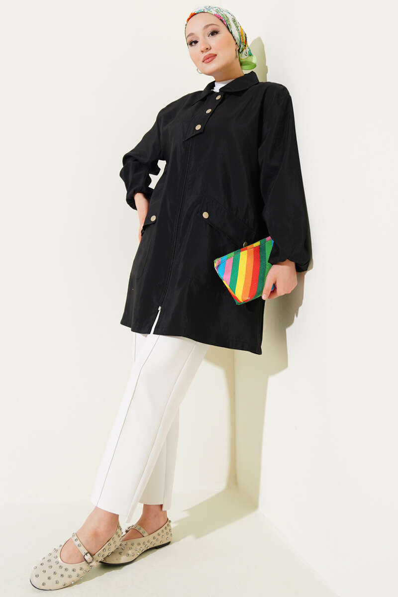 Zip-Up Cape Coat with Shirt Collar - Black