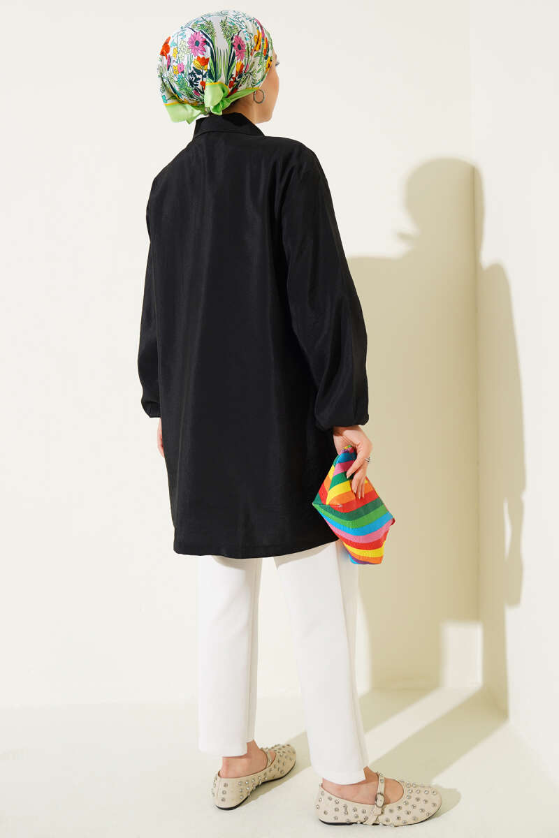 Zip-Up Cape Coat with Shirt Collar - Black