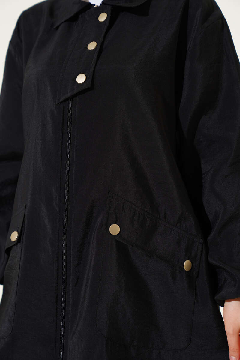 Zip-Up Cape Coat with Shirt Collar - Black