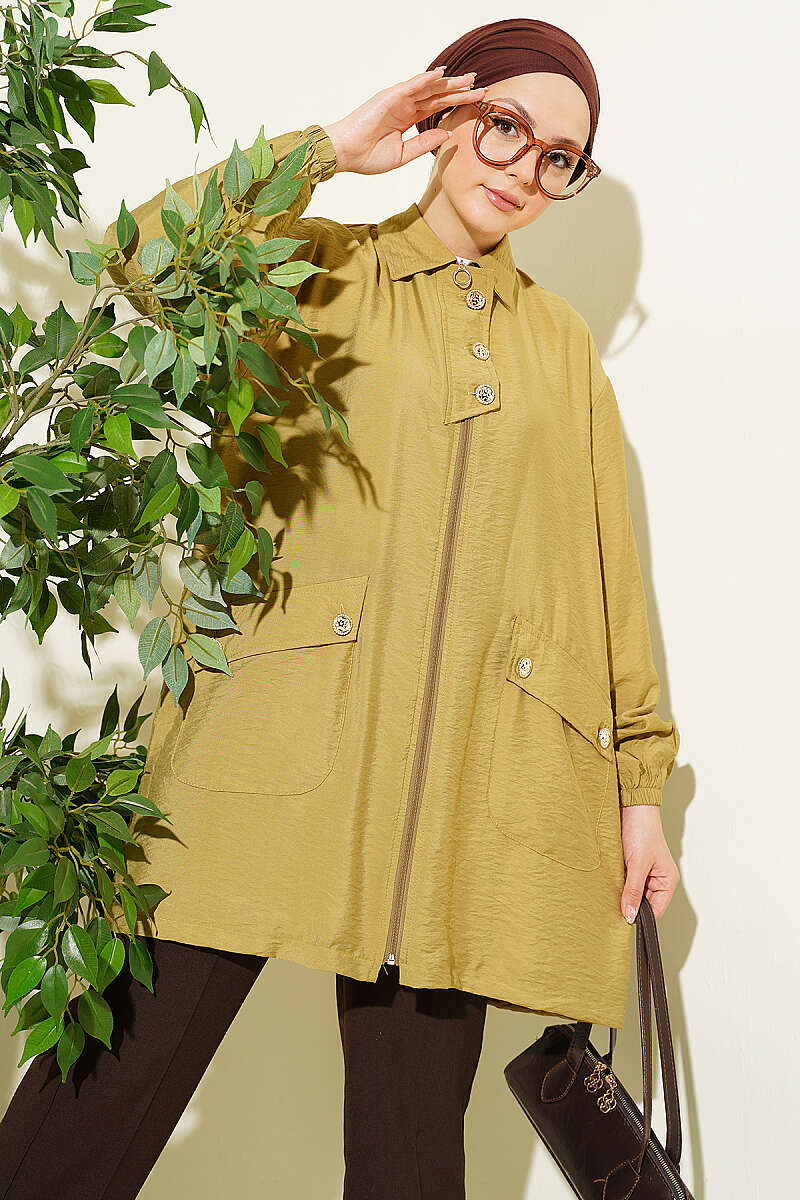 Zip-Up Cape Coat with Shirt Collar - Olive