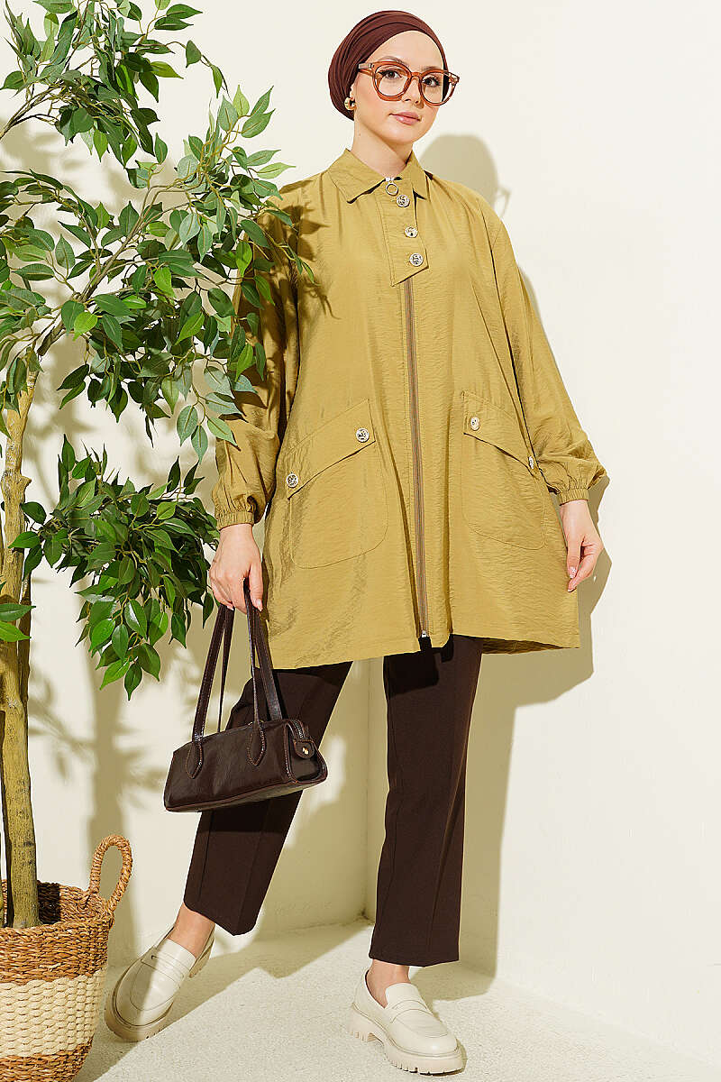 Zip-Up Cape Coat with Shirt Collar - Olive