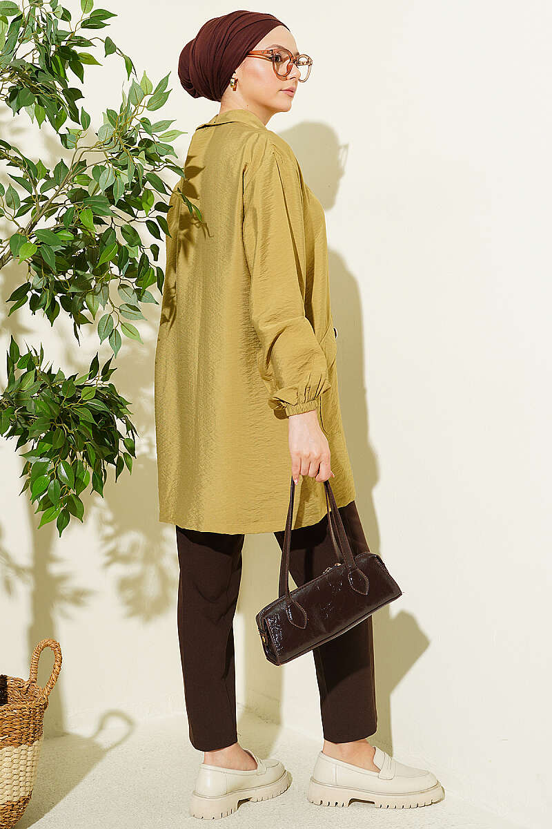Zip-Up Cape Coat with Shirt Collar - Olive