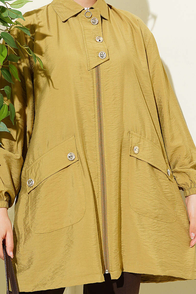 Zip-Up Cape Coat with Shirt Collar - Olive