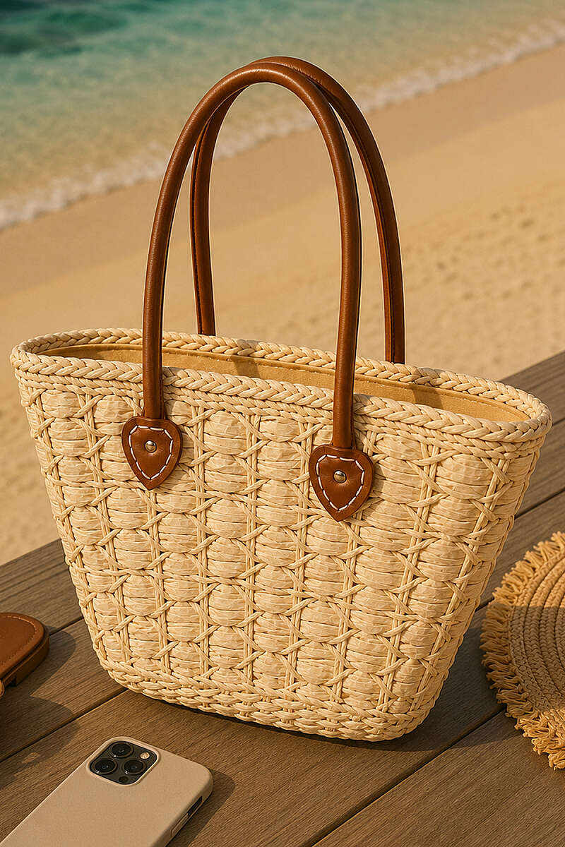 Zip Straw Shoulder Bag - Beige