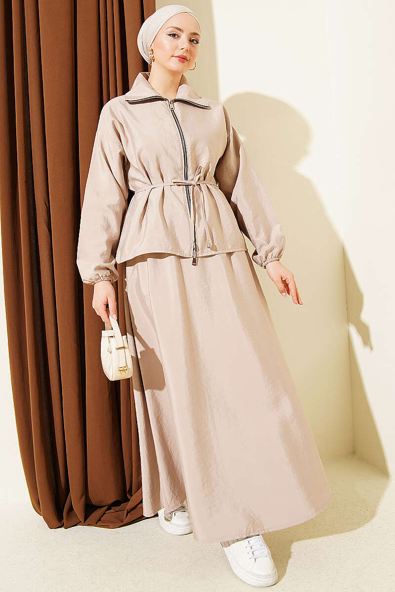 Parachute Skirt Set with Zip and Tie Belt - Beige