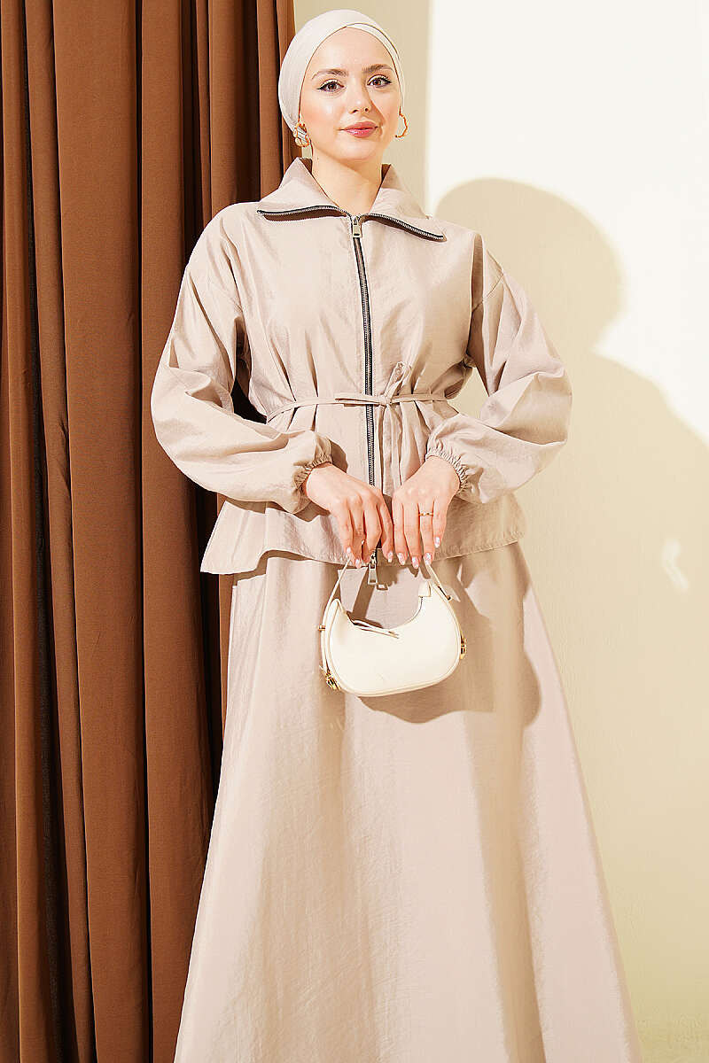 Parachute Skirt Set with Zip and Tie Belt - Beige
