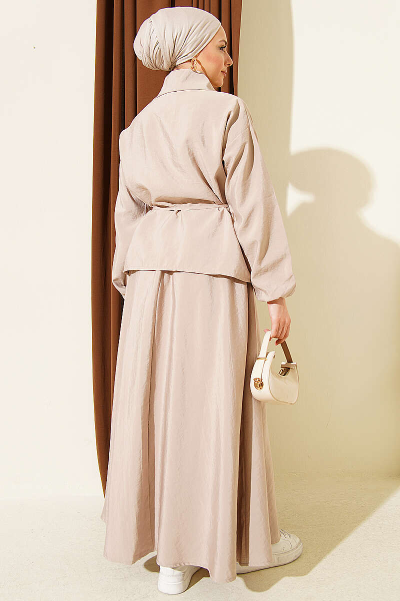 Parachute Skirt Set with Zip and Tie Belt - Beige