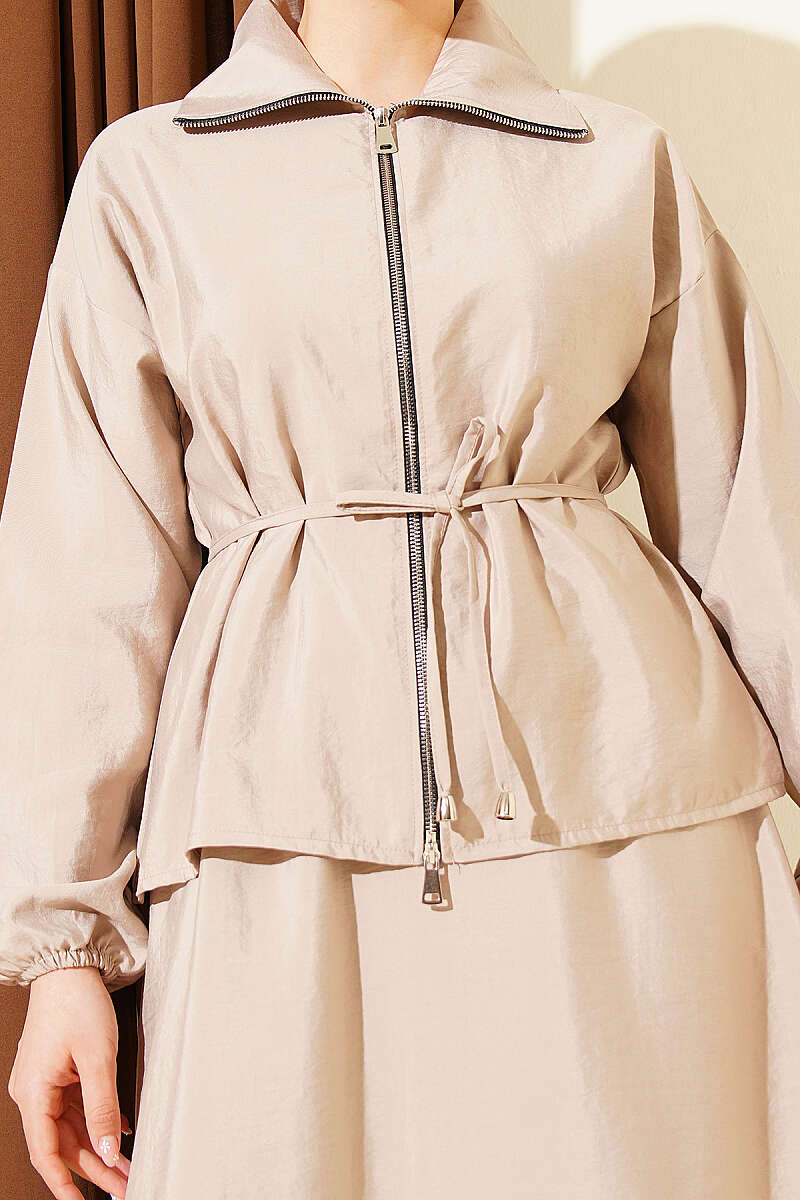 Parachute Skirt Set with Zip and Tie Belt - Beige