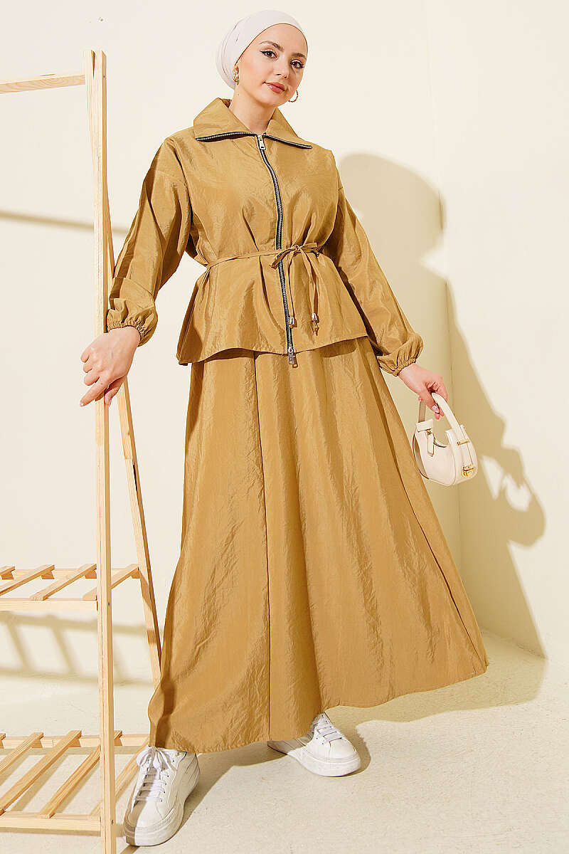 Parachute Skirt Set with Zip and Tie Belt - Mustard