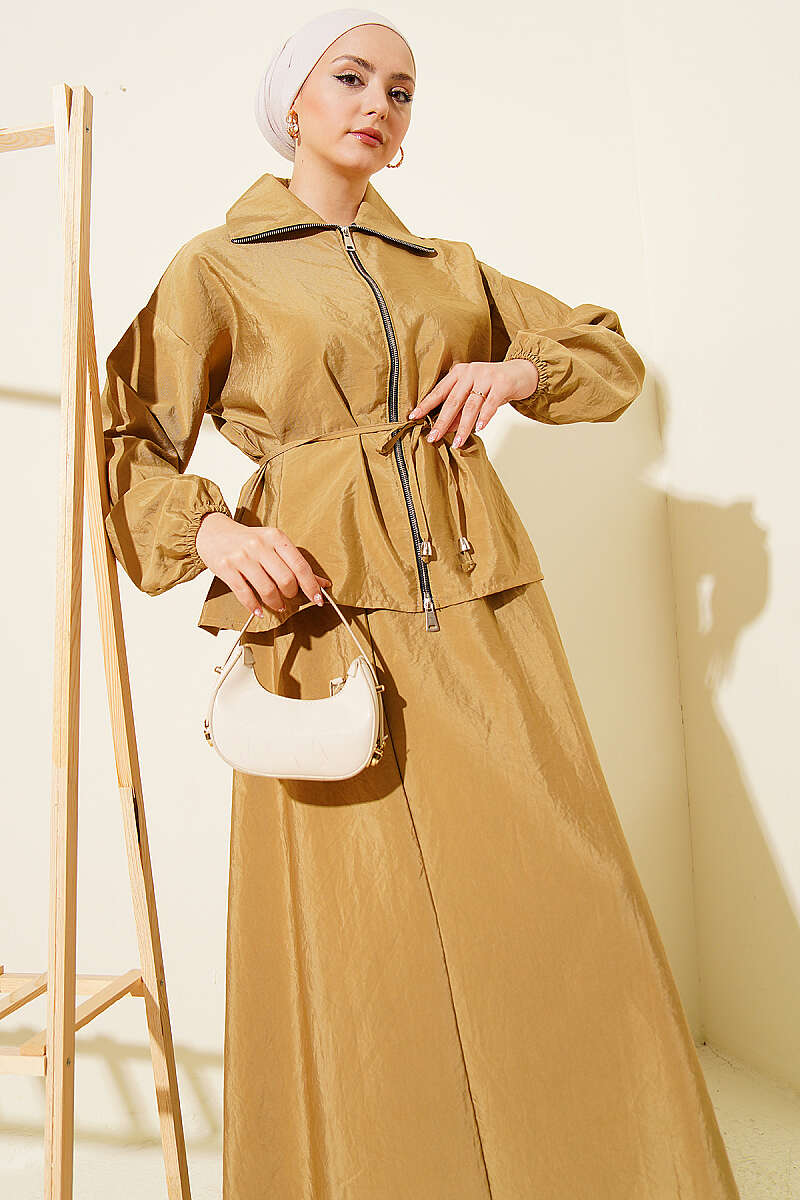 Parachute Skirt Set with Zip and Tie Belt - Mustard