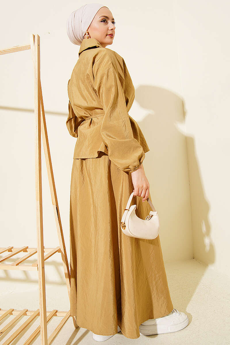 Parachute Skirt Set with Zip and Tie Belt - Mustard