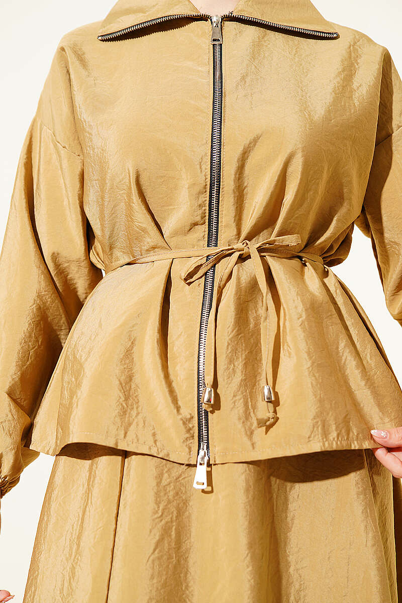 Parachute Skirt Set with Zip and Tie Belt - Mustard